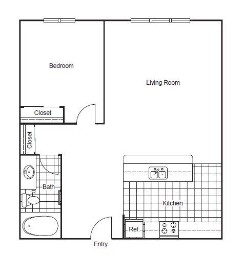Apartment layout with kitchen, living room, bedroom, and bathroom