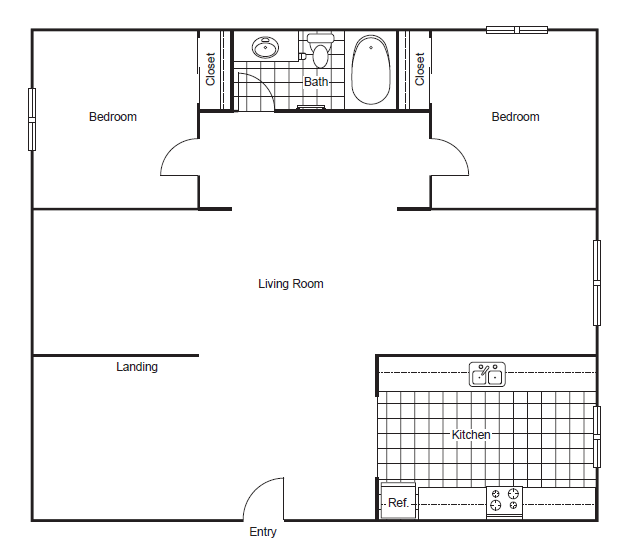 Apartment layout with two bedrooms, landing kitchen, living room, and bathroom