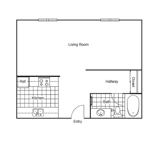 Apartment layout with kitchen living room and bathroom